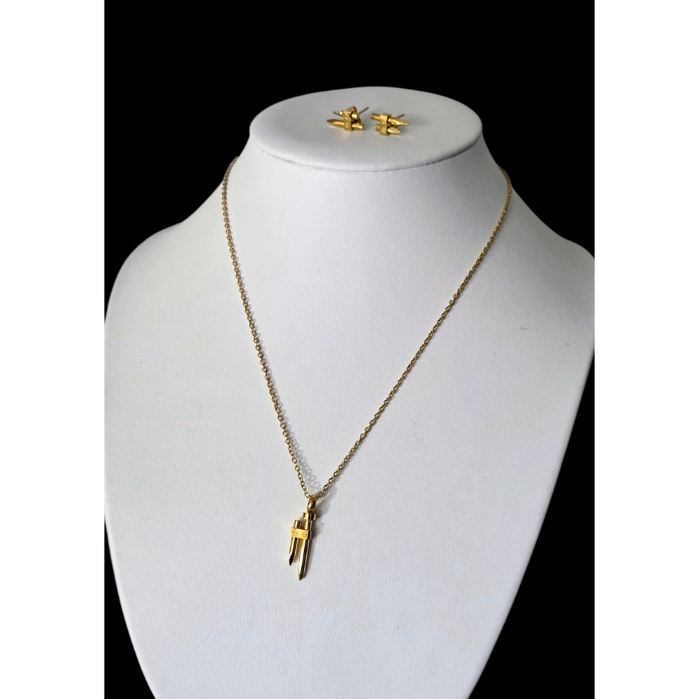 Gold Tone Nails Studs Pendant Necklace Chain with‎ Earrings Set